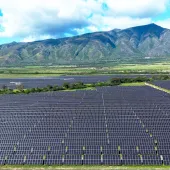A large solar farm with rows of black photovoltaic panels situated in a green valley before tall, rugged mountains.