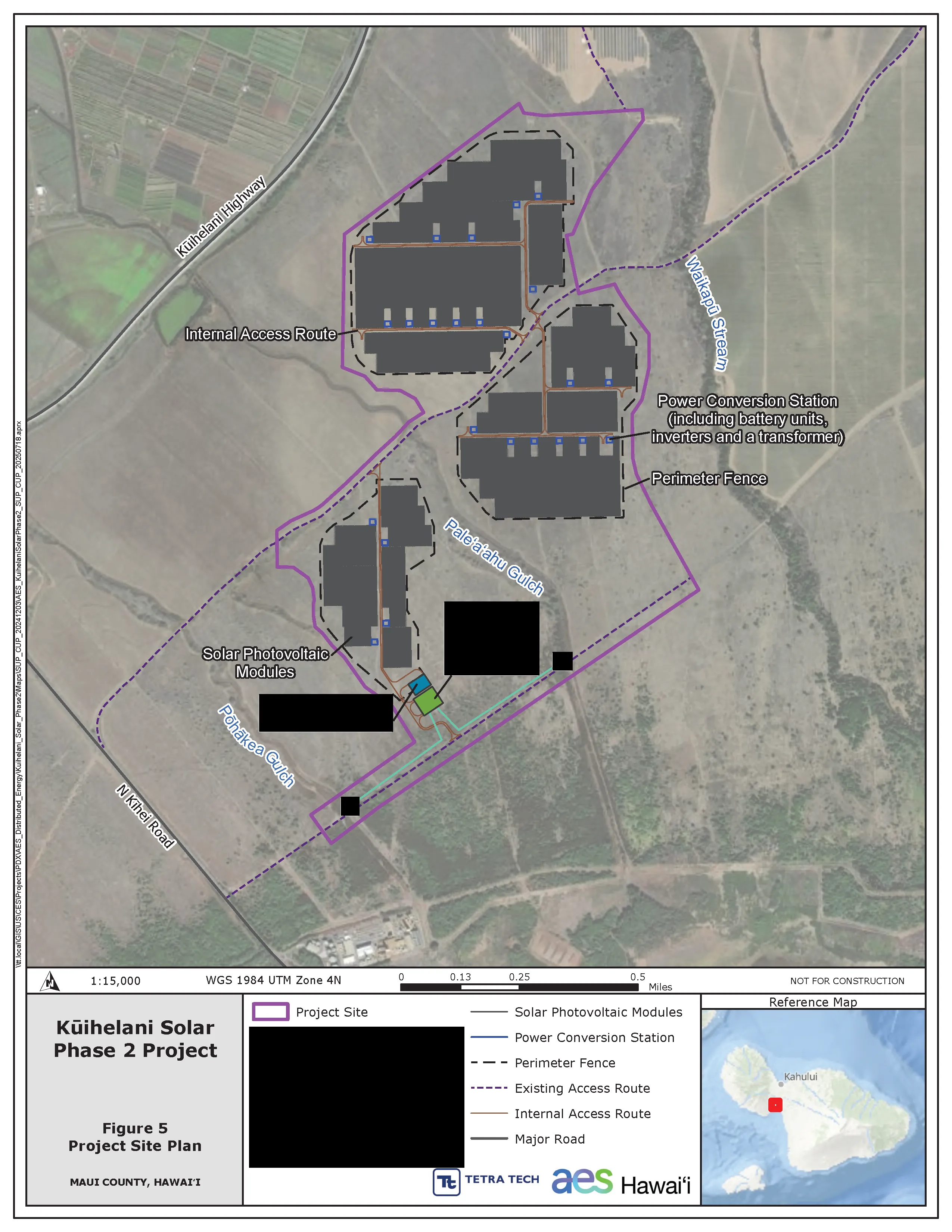 Project layout for Kuihelani Phase 2 Solar showing locations of solar arrays and power conversion stations, contained within a perimeter fence