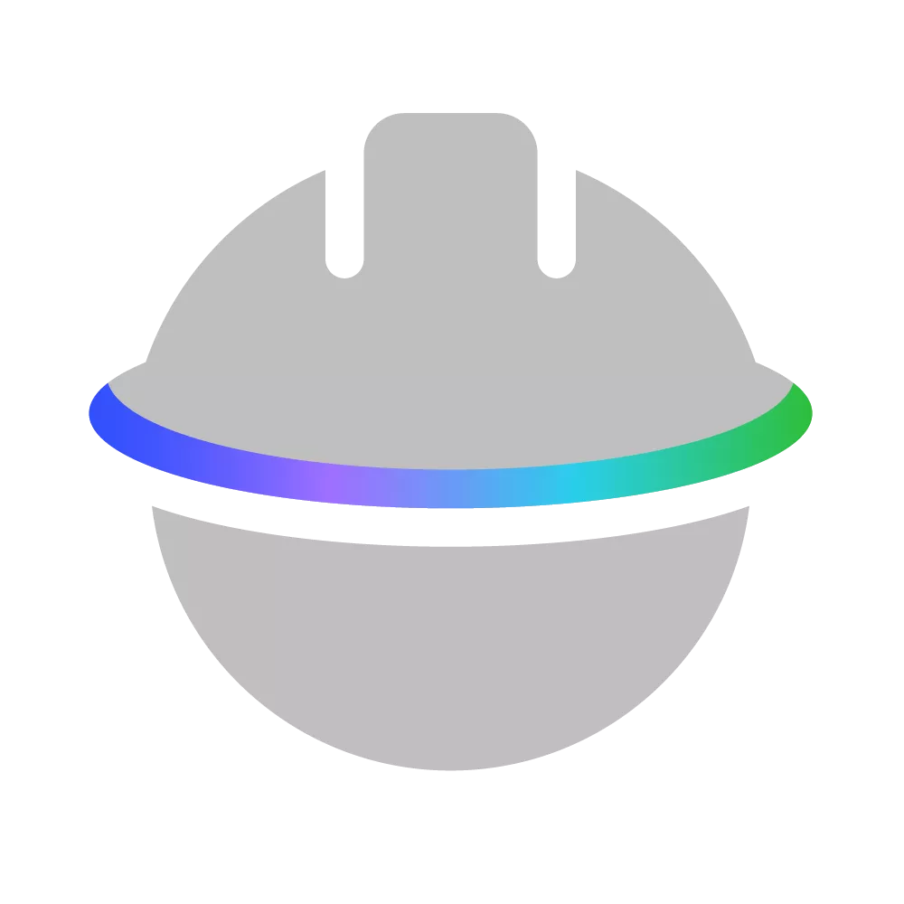 AES Icon for Safety First: grey hard hat image intersected with half-circle of AES colors