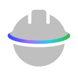 AES Icon for Safety First: grey hard hat image intersected with half-circle of AES colors